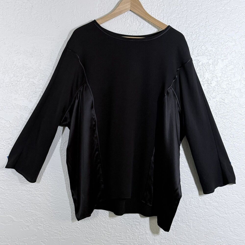 Lafayette 148 100% Silk Blouse Loose Fit Pullover 3/4 Sleeves Black Paneled XL